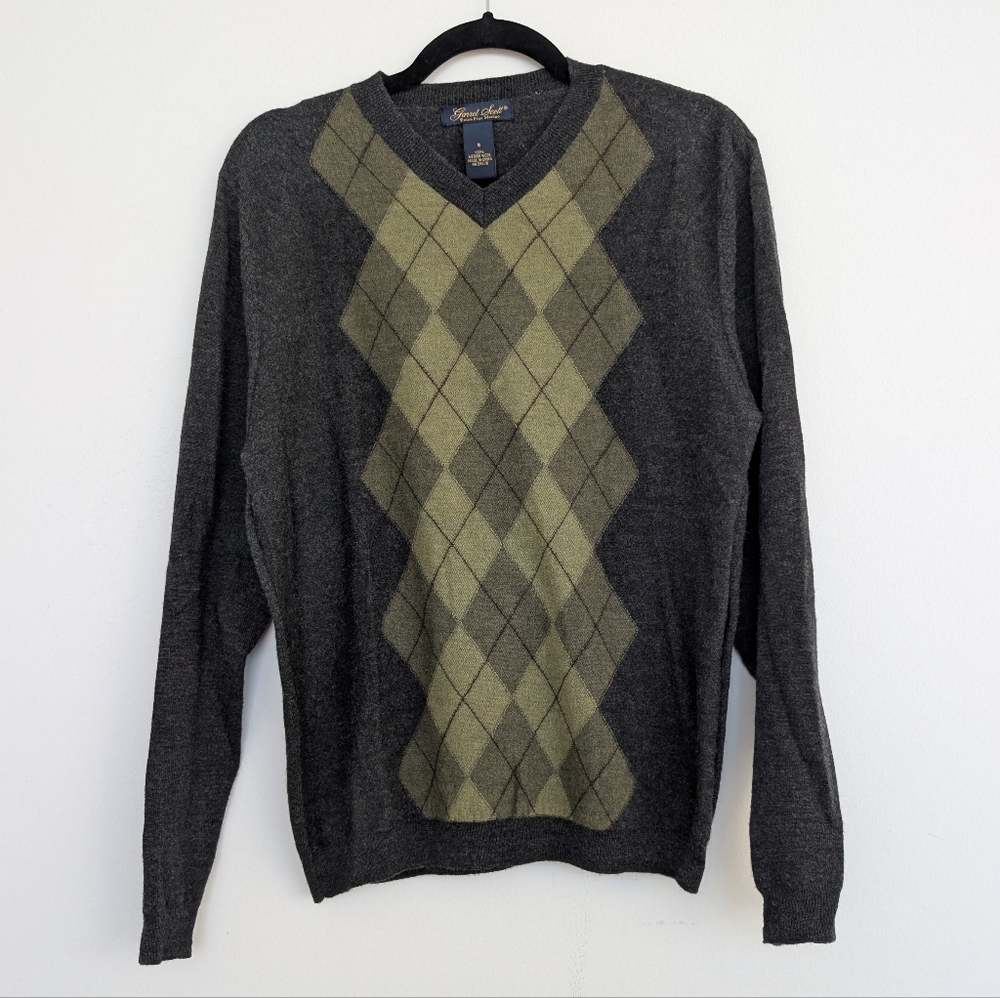 Garret Scott Extra Fine Merino Wool Gray Argyle V Neck Sweater Sz S Preppy